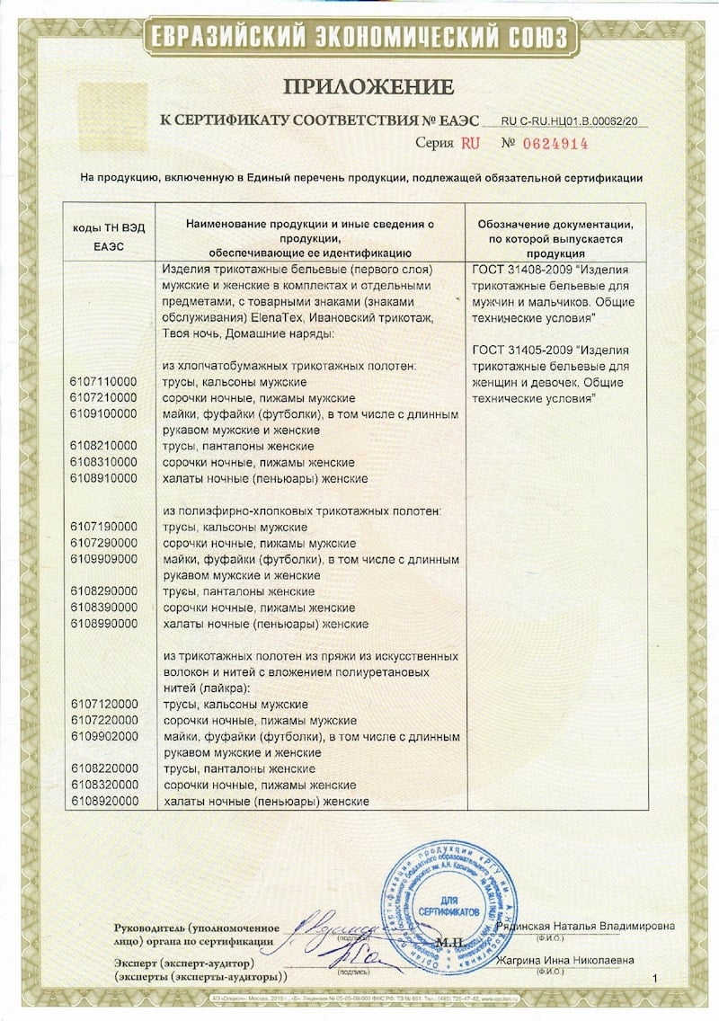 Сертификат соответствия ЕленаТекс